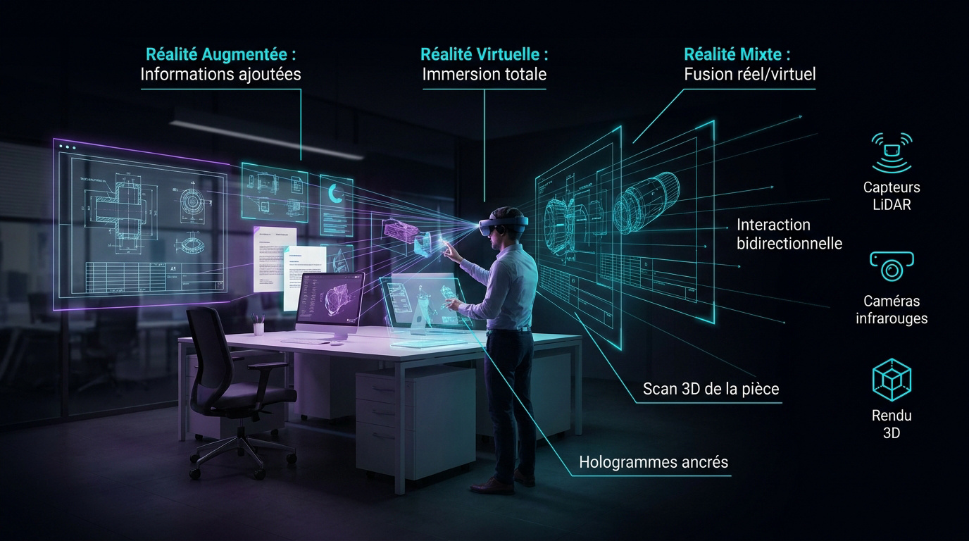Espace de travail futuriste utilisant la visioconférence en réalité mixte avec des hologrammes 3D