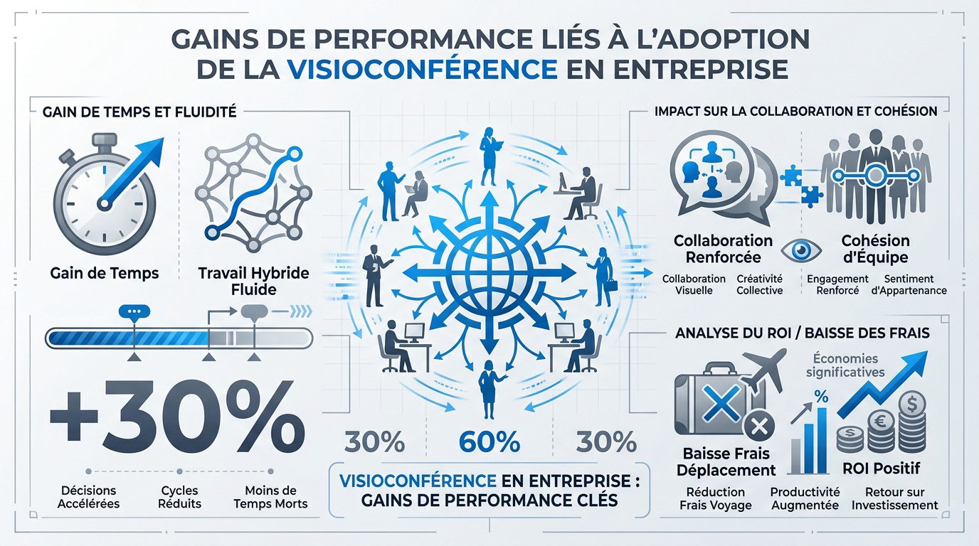 Professionnel en salle de réunion utilisant un système de visioconférence haute performance pour la collaboration hybride