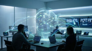 Personnes travaillant dans une salle de contrôle avec une projection holographique du globe terrestre. Des écrans affichent des visioconférences, symbolisant la connectivité H.323/SIP.