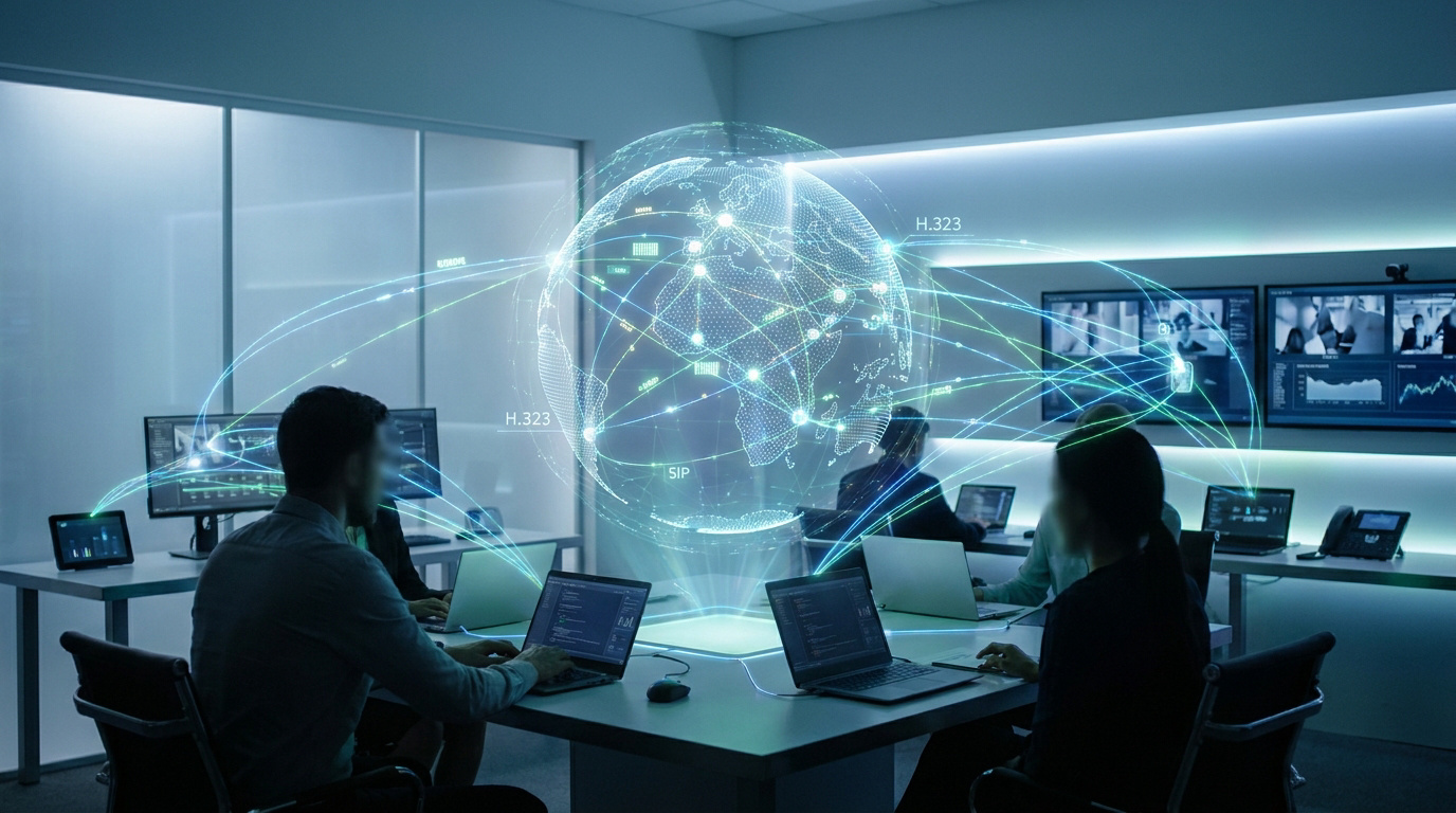 Personnes travaillant dans une salle de contrôle avec une projection holographique du globe terrestre. Des écrans affichent des visioconférences, symbolisant la connectivité H.323/SIP.