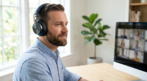 Homme barbu avec casque antibruit devant un écran d'ordinateur affichant une visioconférence. Fenêtre lumineuse en arrière-plan.
