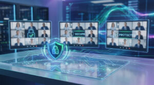 Trois écrans de visioconférence affichant des appels vidéo avec des symboles de sécurité (cadenas, boucliers) dans un environnement numérique futuriste.