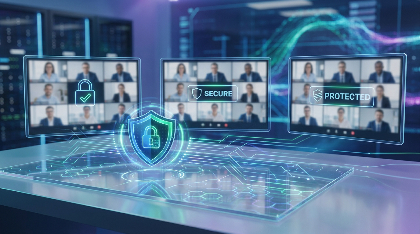 Trois écrans de visioconférence affichant des appels vidéo avec des symboles de sécurité (cadenas, boucliers) dans un environnement numérique futuriste.
