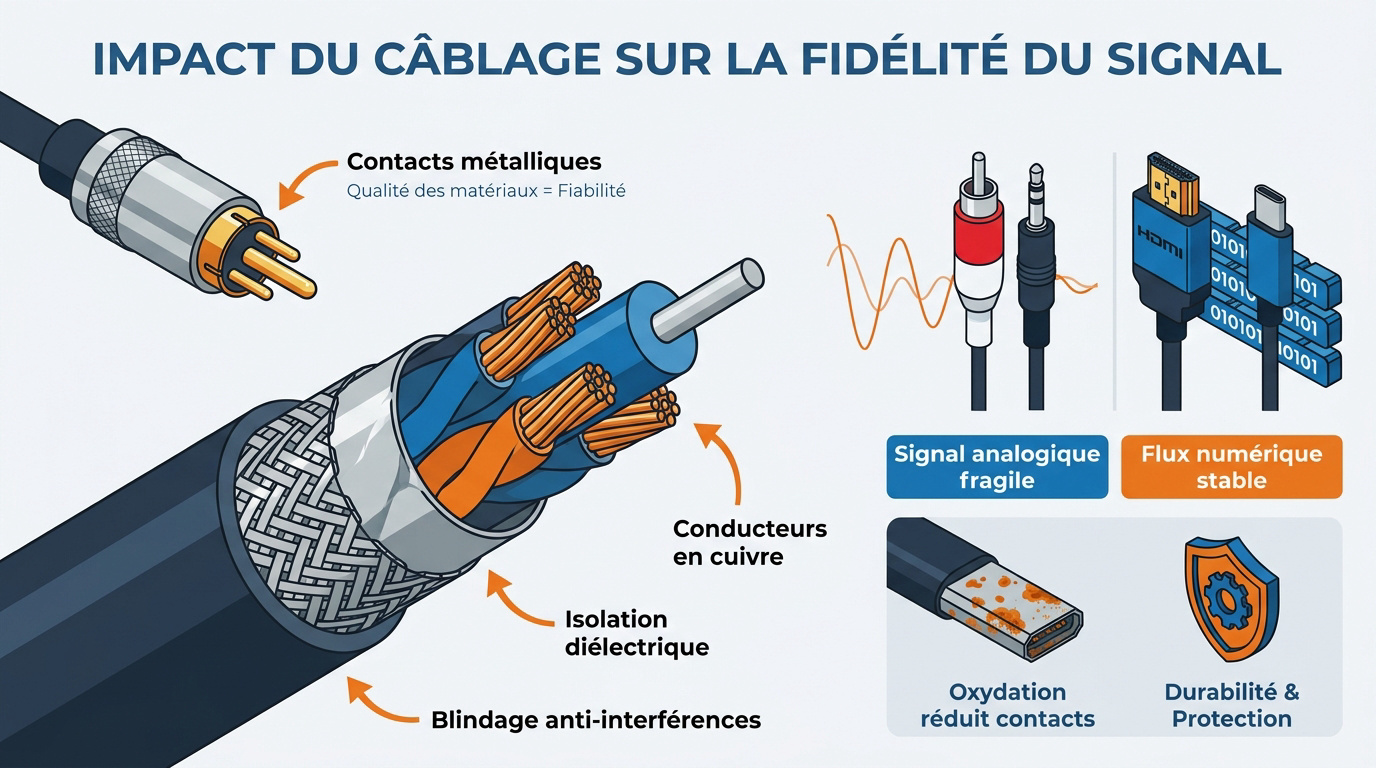 Détail technique d'un câble audiovisuel avec blindage et conducteurs en cuivre