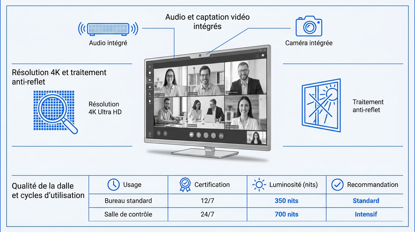 Infographie détaillant les caractéristiques techniques d'un écran de visioconférence professionnel