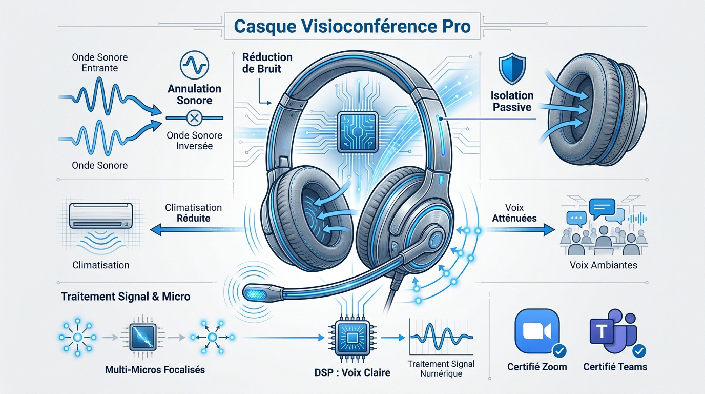 Infographie sur les technologies de réduction de bruit ANC et PNC pour casques de visioconférence