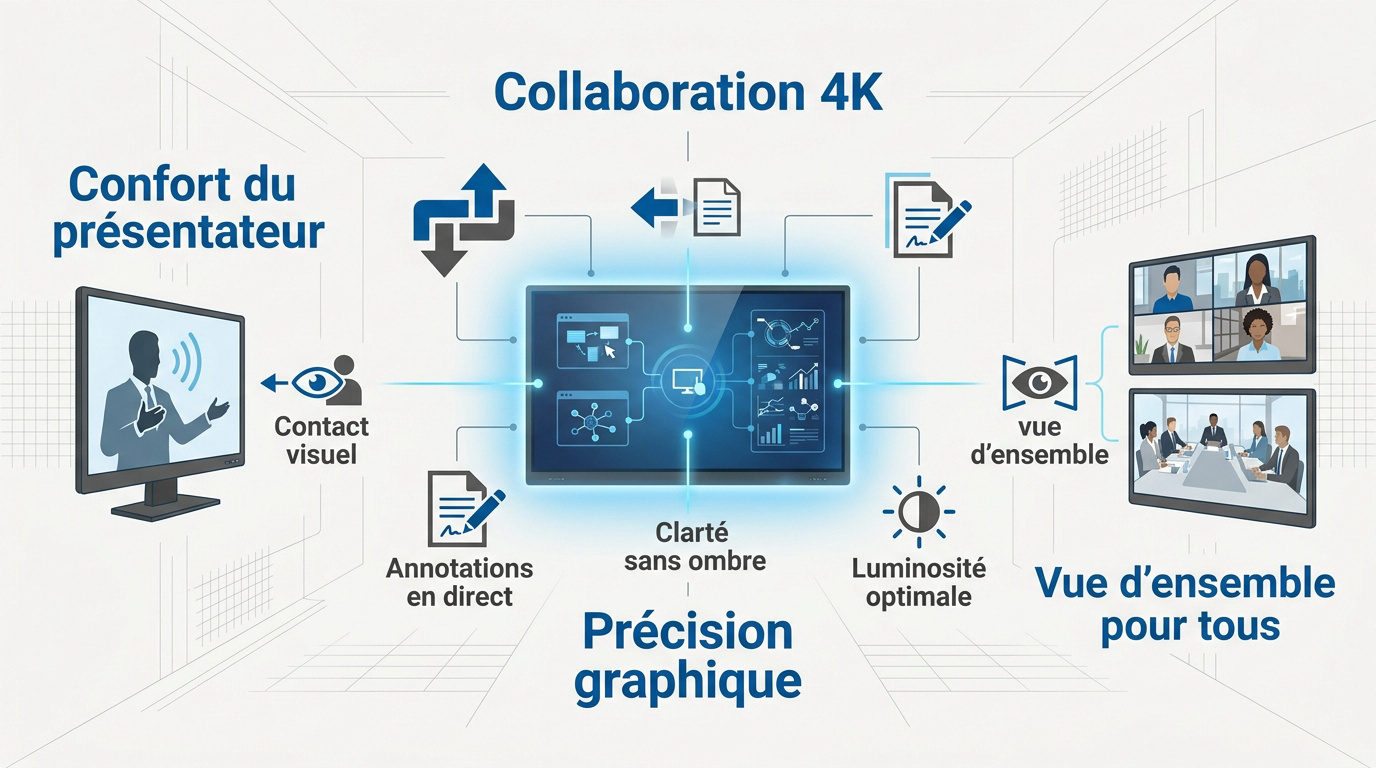 Infographie présentant les solutions d'affichage et de collaboration pour salle de réunion