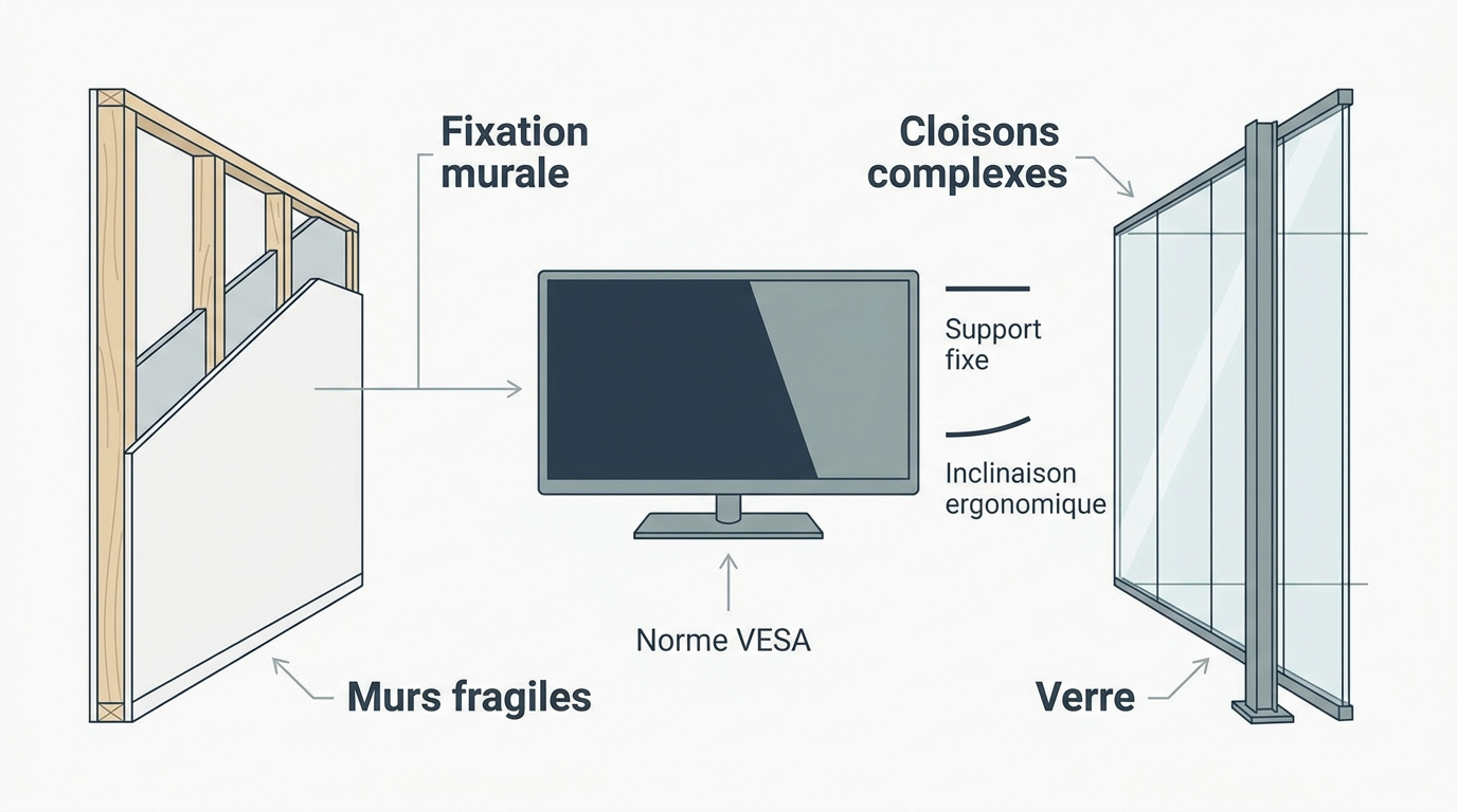 Infographie technique sur les méthodes de fixation murale pour écrans plats en entreprise