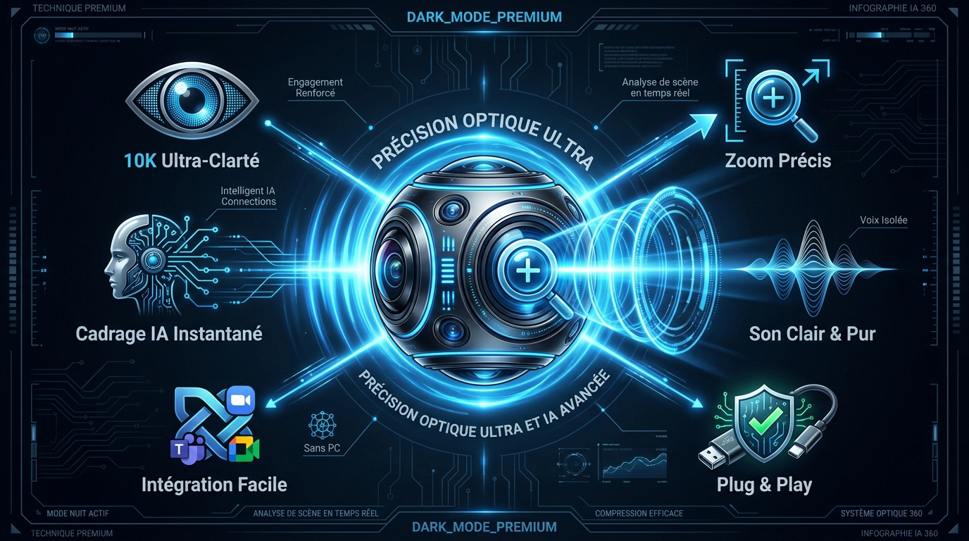 Infographie montrant la précision optique et le suivi par intelligence artificielle d'une caméra 360 degrés