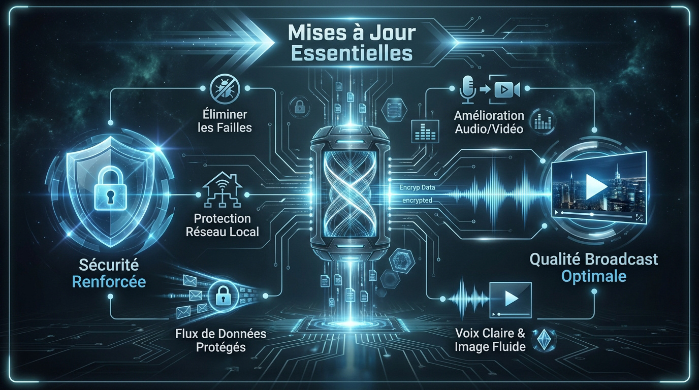 Infographie expliquant l'importance des mises à jour firmware pour la sécurité et la qualité vidéo en visioconférence
