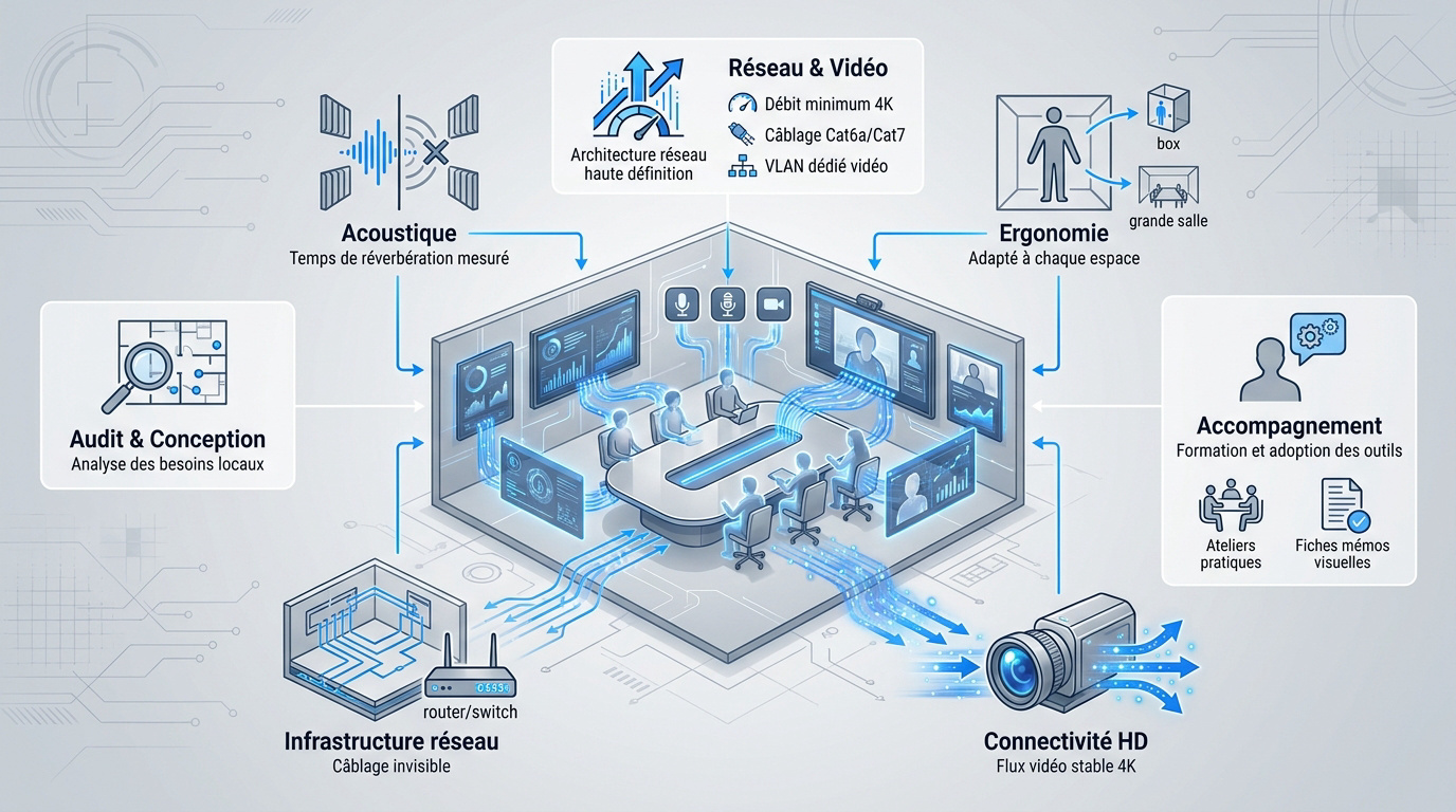 Infographie détaillant les étapes de l'intégration d'un système de visioconférence professionnel