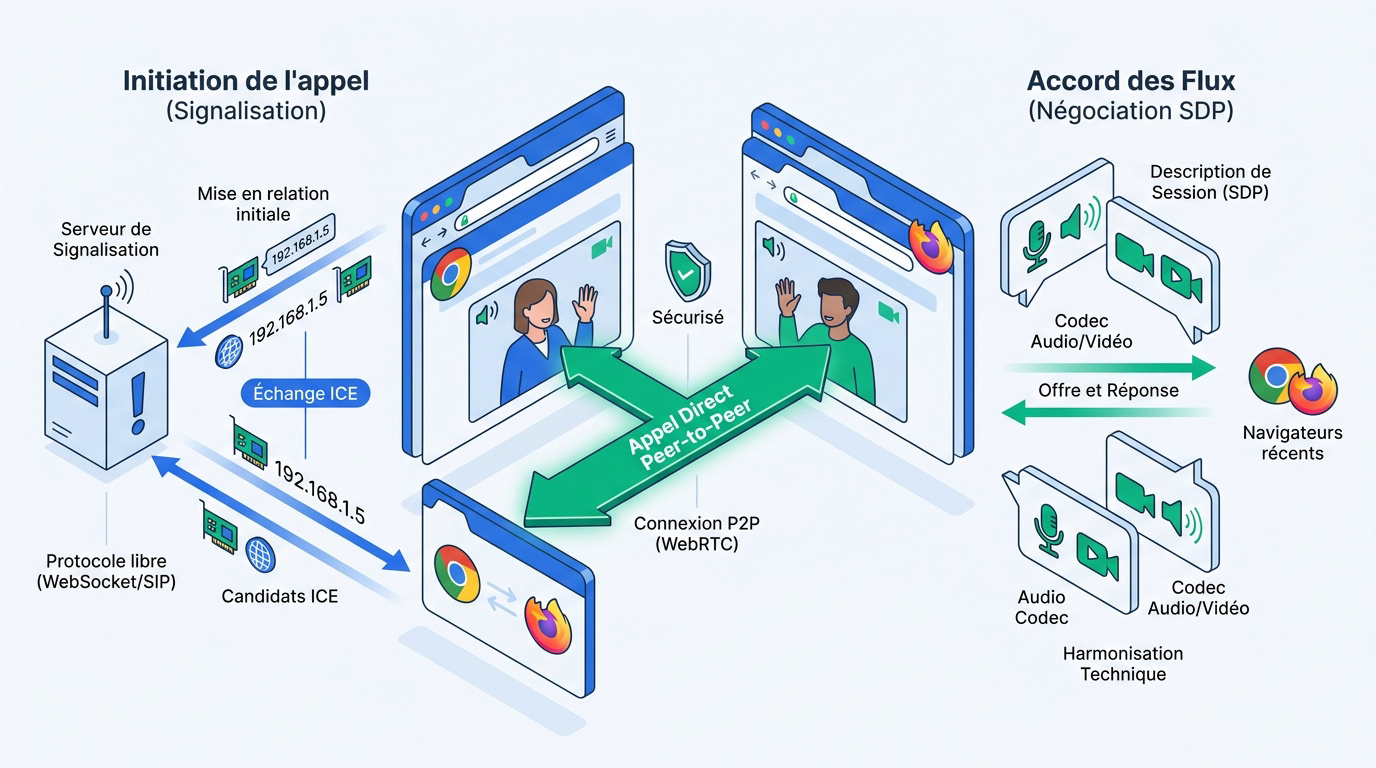 Infographie expliquant le processus de connexion peer-to-peer via WebRTC