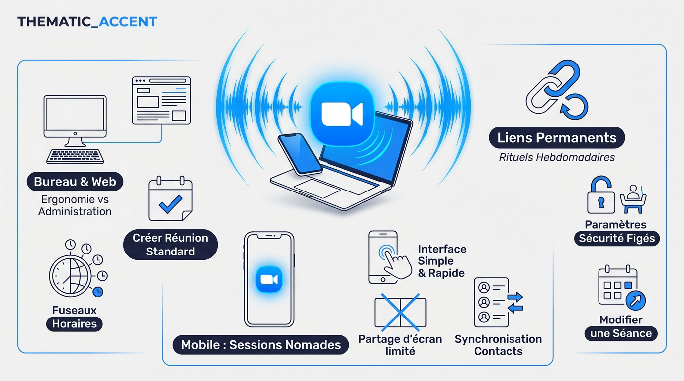 Infographie expliquant la planification de réunions Zoom sur application mobile et bureau