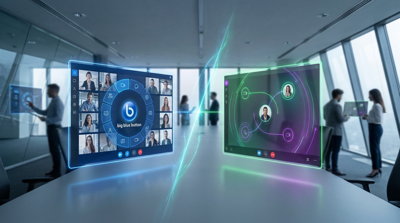 Deux écrans holographiques lumineux, BigBlueButton (bleu) et Jitsi (vert/violet), face à face dans une salle de réunion moderne. Des participants flous sont en arrière-plan.