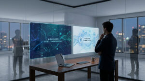 Un homme examine des écrans transparents affichant la vidéoconférence IA et la connectivité sécurisée 4K dans un bureau moderne.