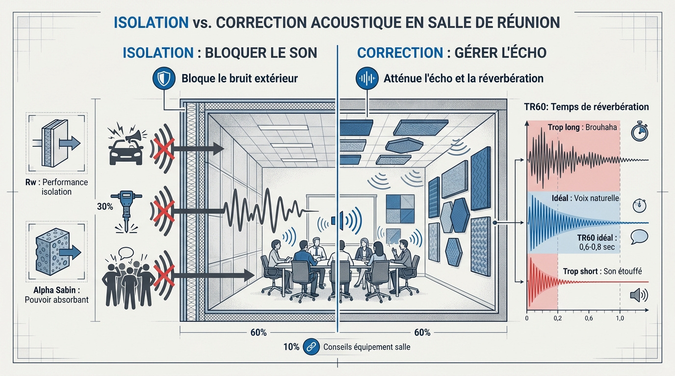 Schéma explicatif entre l'isolation phonique et la correction acoustique pour une salle de réunion professionnelle