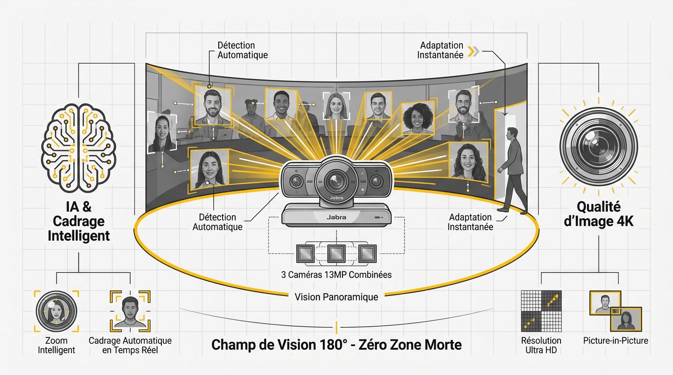 Caméra de visioconférence Jabra avec intelligence artificielle et vue panoramique 4K