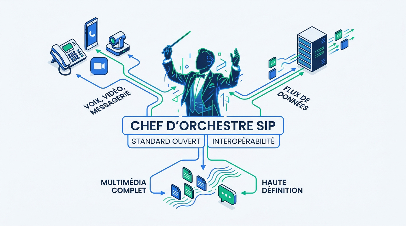 Schéma technique du protocole SIP orchestrant les flux voix et vidéo