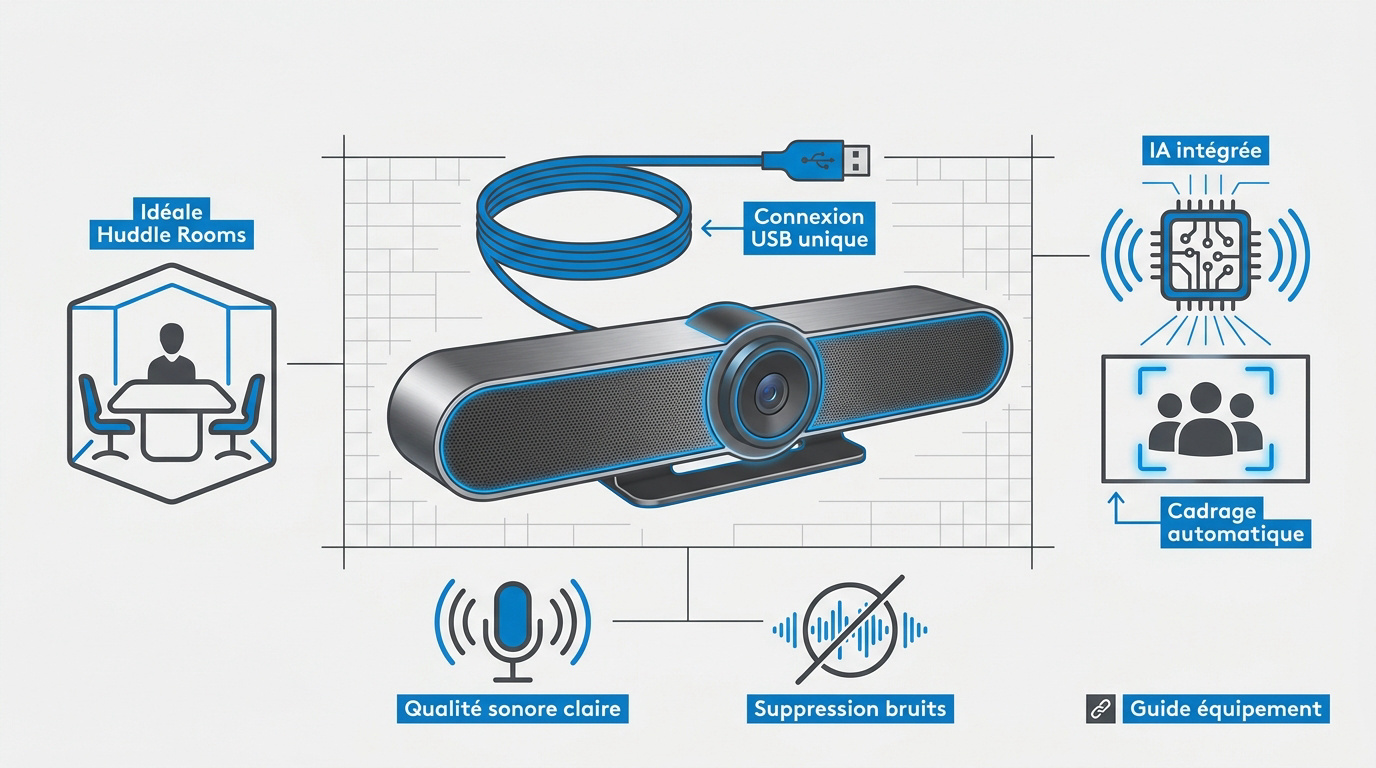 Infographie des fonctionnalités de la barre de visioconférence Logitech MeetUp 2