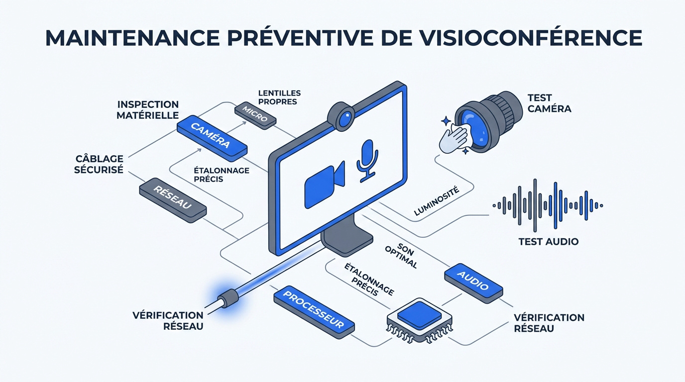 Technicien expert effectuant une maintenance préventive sur un système de visioconférence professionnel