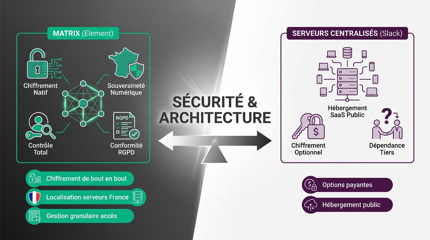 Comparaison visuelle entre l'architecture décentralisée de Matrix et les serveurs centralisés de Slack