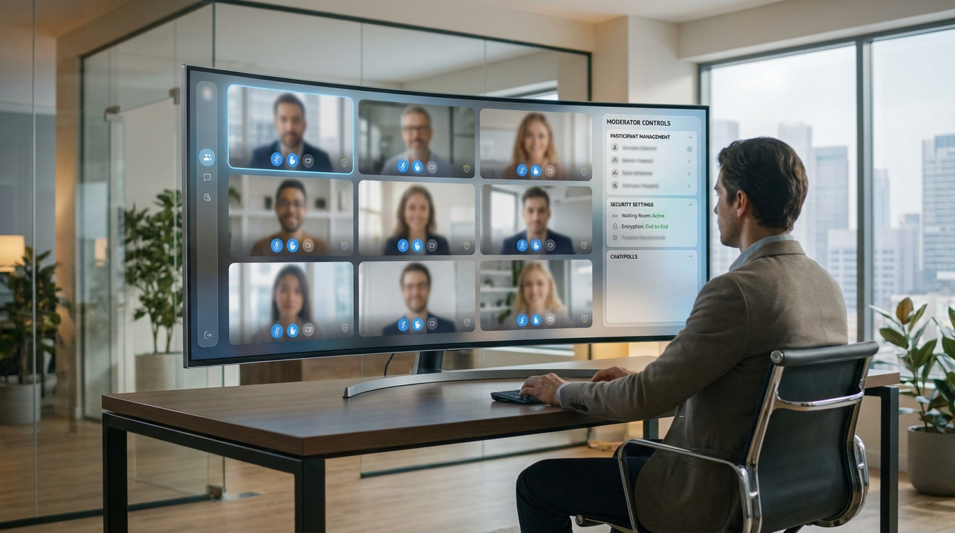 Un homme modère une visioconférence sur un grand écran dans un bureau moderne. Il gère les participants et les paramètres de sécurité via l'interface.