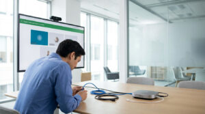 Homme configurant équipement de visioconférence (câbles, Jabra) devant un grand écran "Prêt à se connecter" avec webcam Logitech.