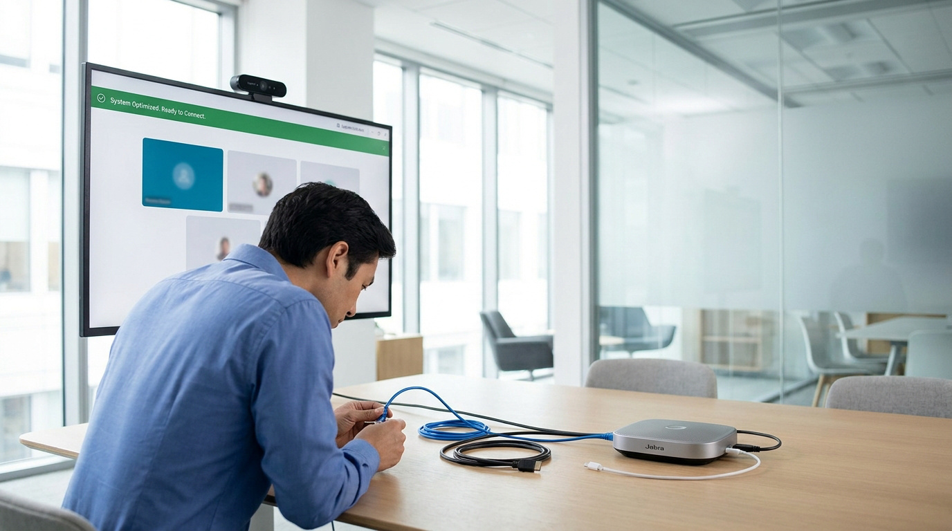 Homme configurant équipement de visioconférence (câbles, Jabra) devant un grand écran "Prêt à se connecter" avec webcam Logitech.