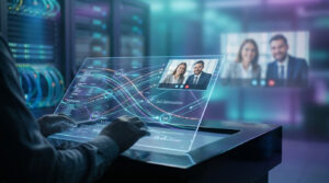 Personne optimisant la QoS d'une visioconférence via un écran tactile transparent, affichant protocoles et flux de données.
