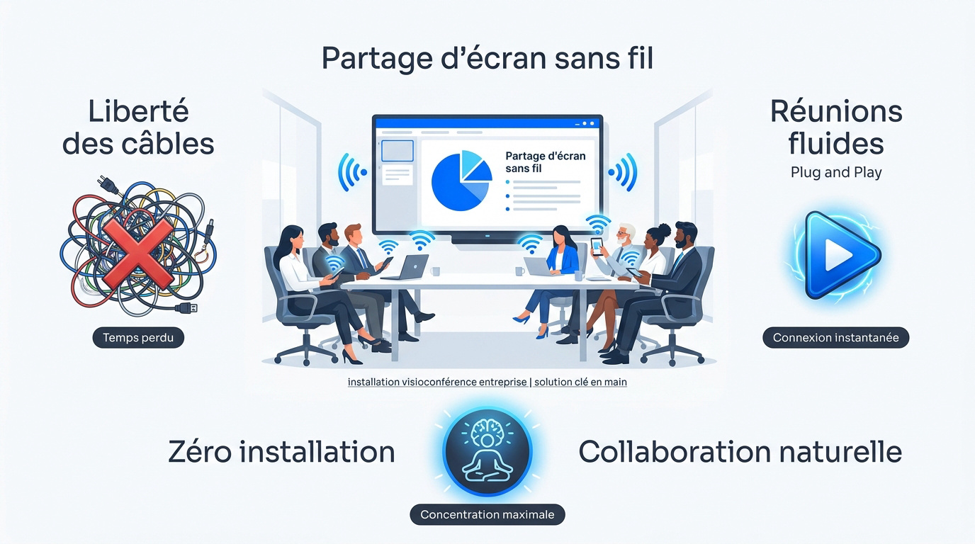 Boîtier de partage d'écran sans fil installé dans une salle de réunion moderne