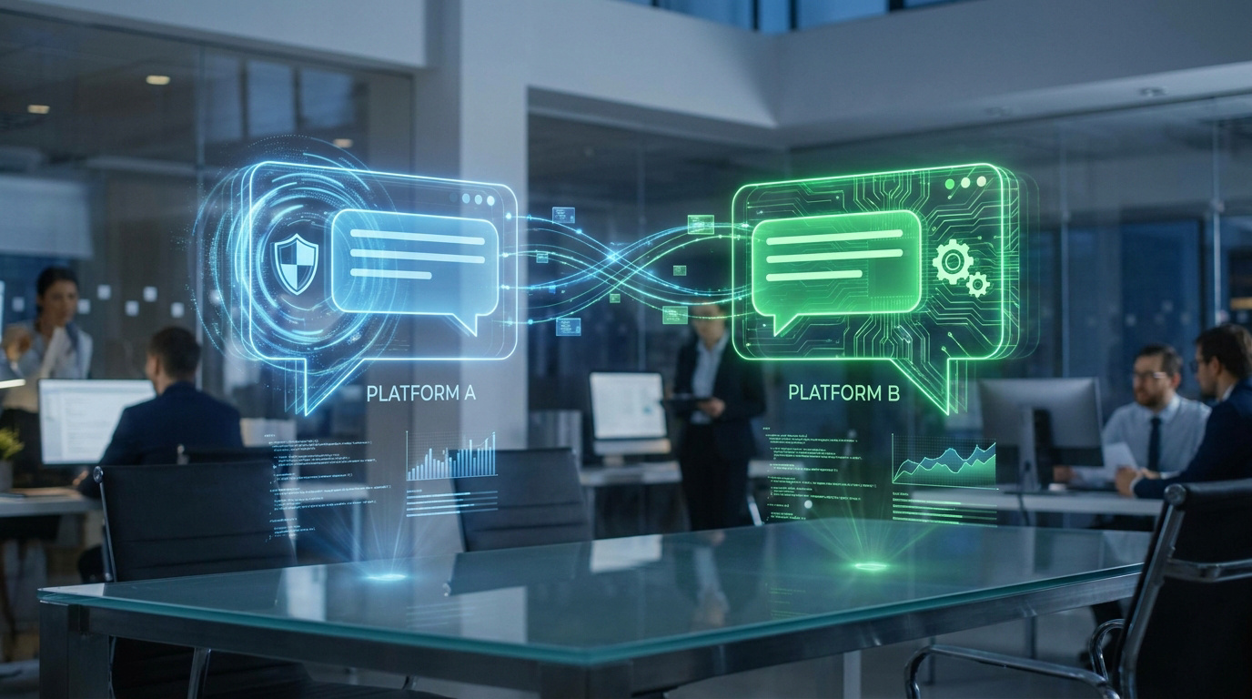 Deux plateformes de messagerie (bleue avec bouclier, verte avec engrenages) interconnectées dans un bureau moderne. Représente un duel technologique.