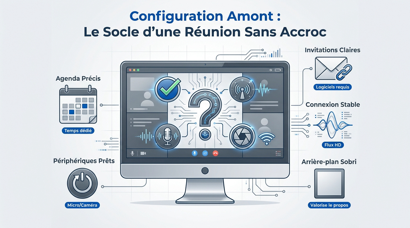 Professionnel préparant sa configuration technique pour une visioconférence de haute qualité