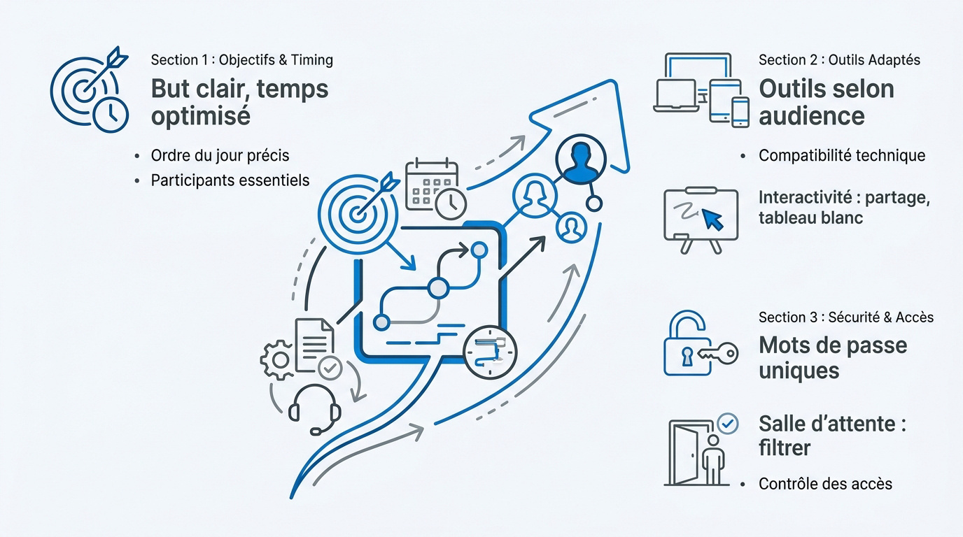 Planification d'une réunion virtuelle professionnelle avec agenda et outils numériques