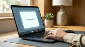 Écran de PC portable affichant « No Camera Detected » avec icônes de visioconférence. Une main utilise le clavier sur un bureau en bois.