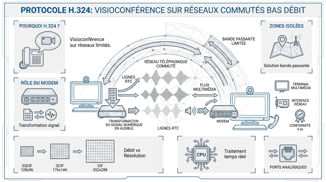 Schéma technique du protocole H.324 pour la visioconférence sur réseau commuté