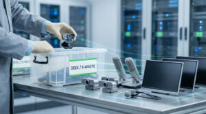 Personne gantée triant une webcam dans une boîte DEEE avec matériel de visioconférence (micros, écrans) sur table, fond data center.