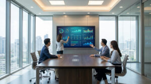 Quatre personnes en réunion. Une femme présente des données sur un grand écran interactif. Salle moderne avec vue urbaine.