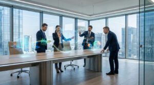Quatre professionnels en réunion d'affaires, utilisant des écrans holographiques interactifs en réalité mixte dans un bureau moderne.