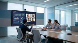 Trois personnes en réunion hybride dans une salle moderne. Un grand écran affiche un tableau de bord et une vidéoconférence avec quatre participants.