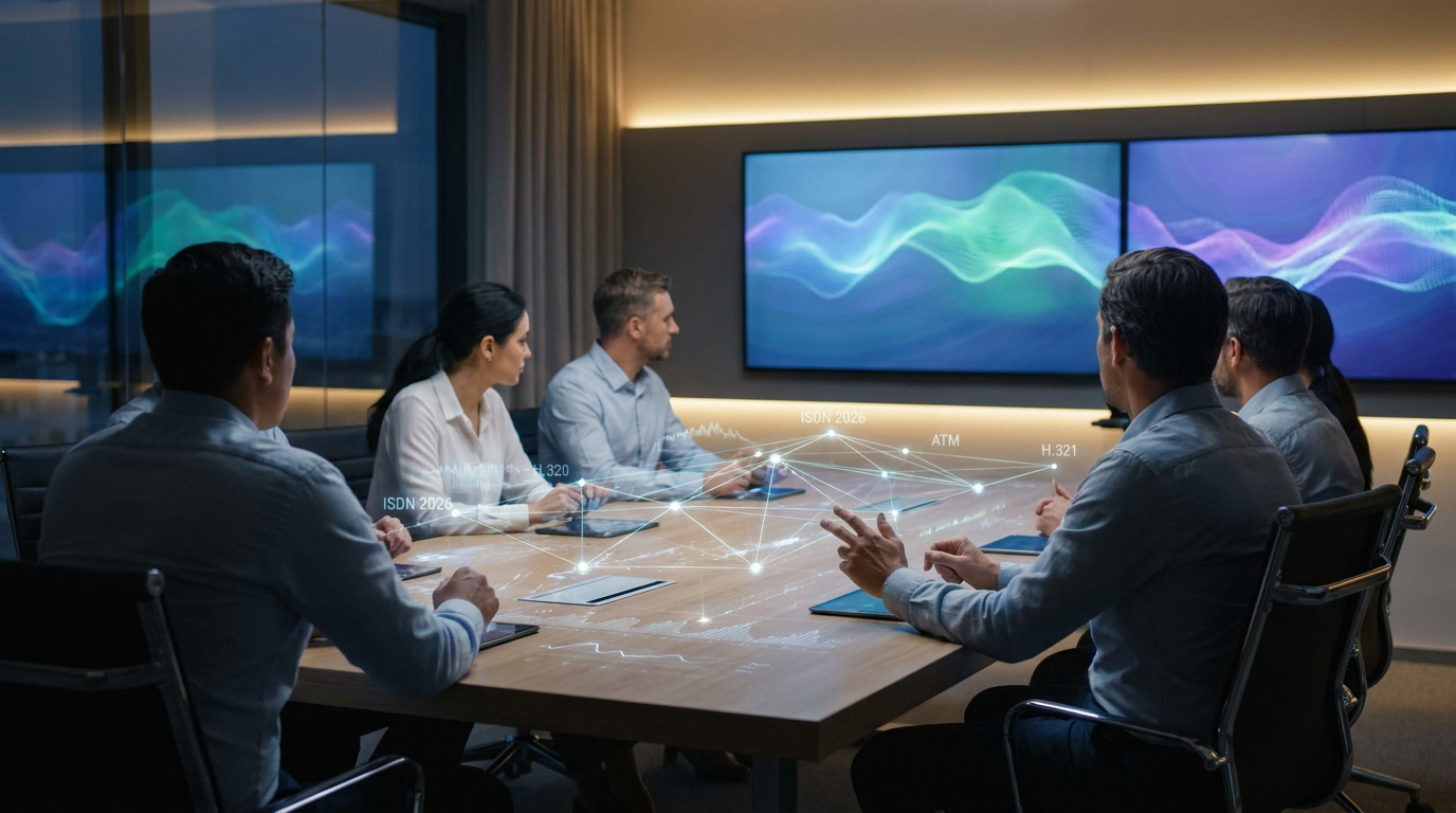 Réunion de professionnels autour d'une table interactive avec projections de données (H.320, H.321). Écrans affichent des ondes.