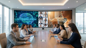 Une réunion d'affaires où des professionnels regardent un écran géant comparant la traduction IA (cerveau) et l'interprétation humaine.