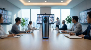 Scène de réunion d'affaires moderne avec une caméra 360, des professionnels et des écrans affichant une visioconférence.