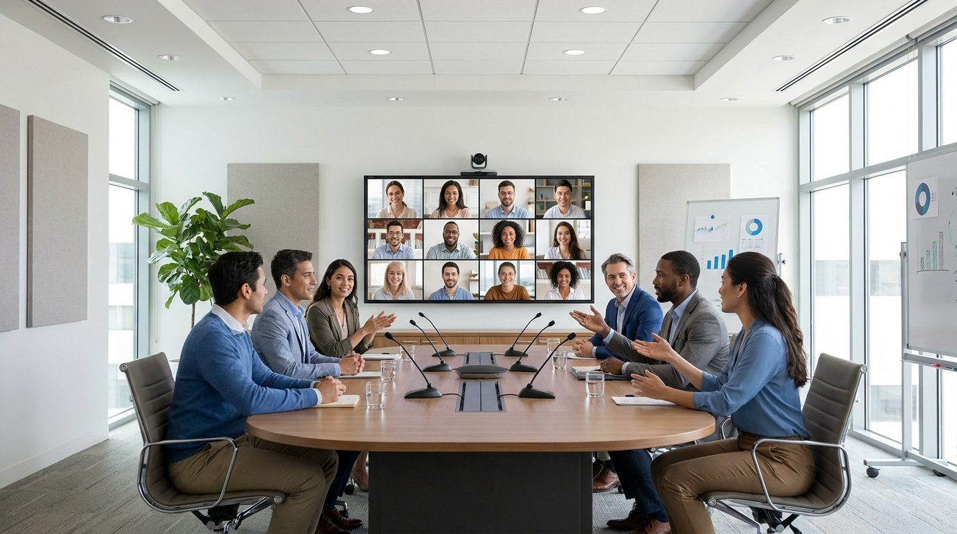 Salle de réunion moderne: 6 personnes en présentiel collaborent avec 12 participants sur écran, via un système audiovisuel intégré.