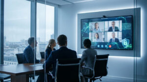 Professionnels en réunion visioconférence sécurisée dans un bureau moderne. Écran géant affiche des participants, un cadenas, et données chiffrées.