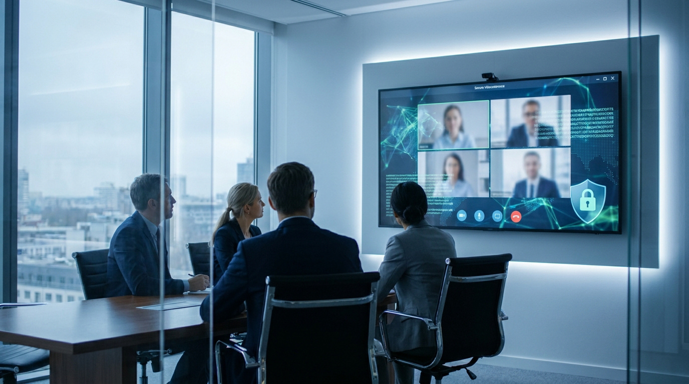Professionnels en réunion visioconférence sécurisée dans un bureau moderne. Écran géant affiche des participants, un cadenas, et données chiffrées.