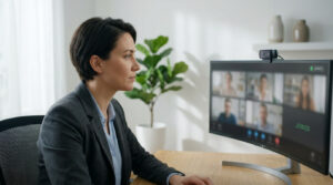 Femme en blazer fixant un écran incurvé avec webcam, participant à une visioconférence. Ambiance de bureau moderne.