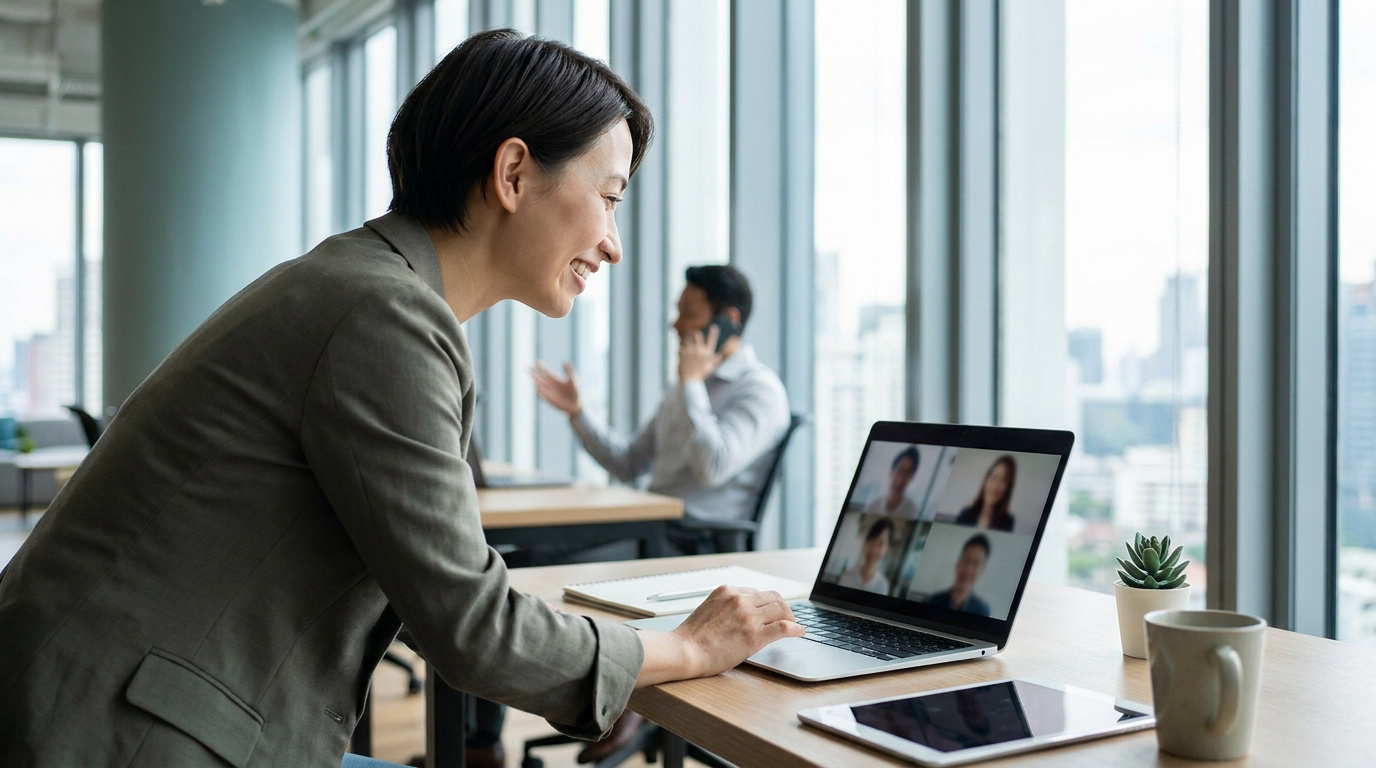 Une femme souriante participe à une visioconférence sur son ordinateur portable dans un bureau moderne et lumineux. Un collègue est en arrière-plan.