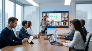 Une femme anime une réunion hybride dans une salle moderne, face à un grand écran de visioconférence. Des participants en personne travaillent sur laptops.