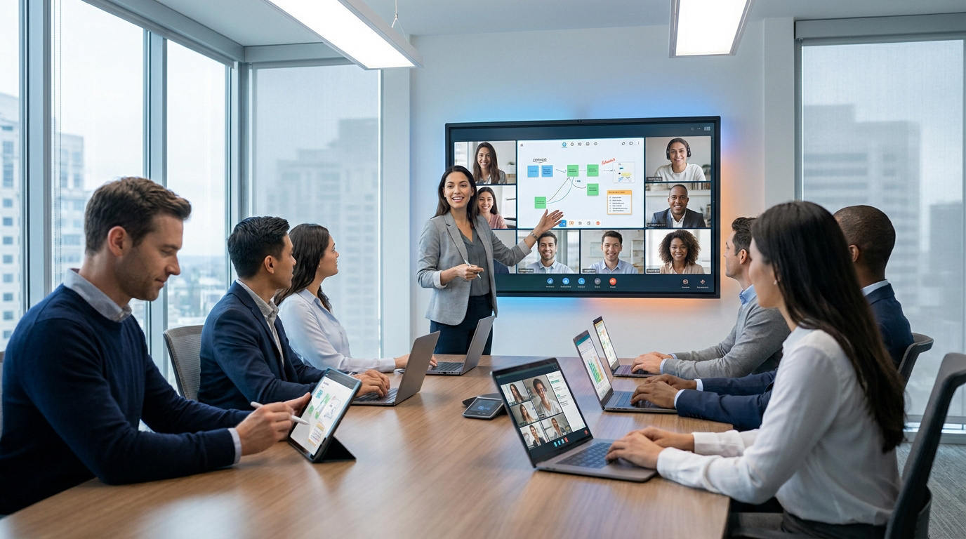 Une femme anime une réunion hybride dans une salle moderne, face à un grand écran de visioconférence. Des participants en personne travaillent sur laptops.