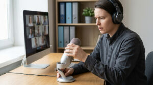 Personne concentrée en visioconférence avec un casque et un microphone. L'écran montre 9 participants. Contexte de son étouffé.